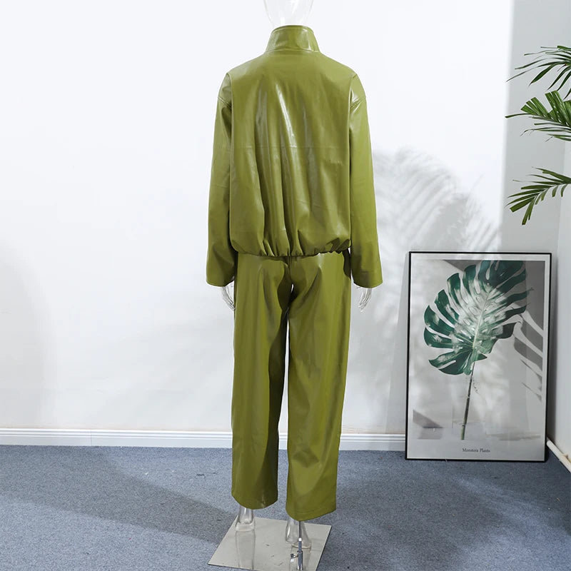 Stylish Leather Solid Jacket Pants Set Women Stand Collar Zipper Coat Loose Trousers Sets Female 2025 Autumn Fashion Streetwears.