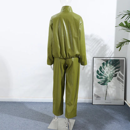 Stylish Leather Solid Jacket Pants Set Women Stand Collar Zipper Coat Loose Trousers Sets Female 2025 Autumn Fashion Streetwears.