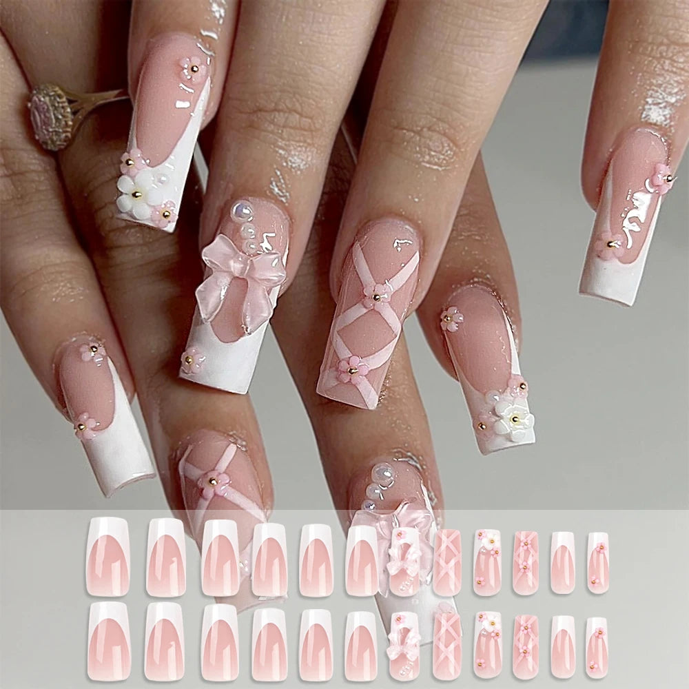 24Pcs Ballet Square Pink Press on Bow Nails 3D Flower with Bandage Design French Nail Tips for Women&Girls Daily,Spring wear.