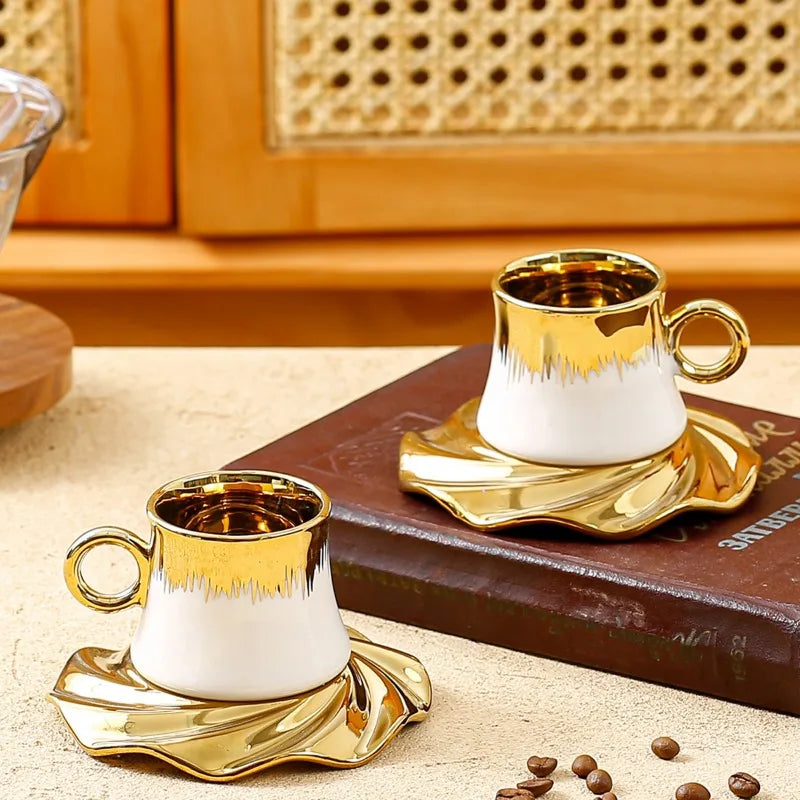 High Quality Middle East Saudi Arabia Ceramic Plated Coffee Cup Plate Set Golden Cup and Saucer Gift Box Set.