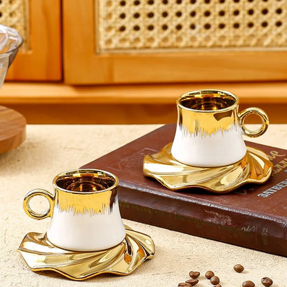 High Quality Middle East Saudi Arabia Ceramic Plated Coffee Cup Plate Set Golden Cup and Saucer Gift Box Set.