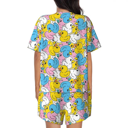 Benutzerdefinierte Frauen Gelb Klassische Gummi Ente Pyjamas Set Gedruckt Zwei-stück Pj Sets Kurzarm Nachtwäsche Loungewear