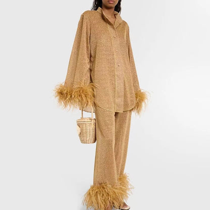 Fashion Solid Patchwork Feather Tops+Straight Pants Set Casual Loose Stand Collar Outfits Elegant Long Sleeve Button 2 Piece Set.