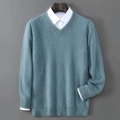 2025 Autumn Winter New Men's Wool Sweater Solid Color V-Neck Pullover Sweater Casual Loose Business Knit Plus Size Base Sweaters