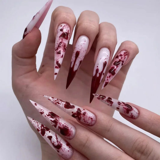 24pcs Blood Splatter Press-On Nails Set Almond-Shaped Long Length Glossy Finish Red and White Faux Nail Kit for Women Halloween.