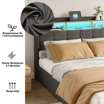 Lazyspace Bettgestell aus Leinen mit Stauraum, gepolstertes Bett mit 4 Schubladen, LED-Licht und USB-Aufladung vom Typ C, Schlafzimmermöbel