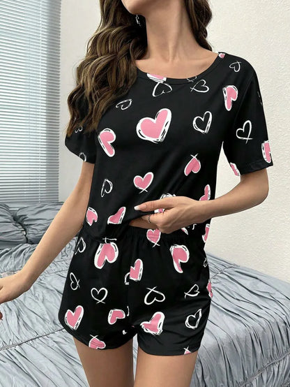 Damen New Style Pyjamas Kurzarm Top Herz Muster Shorts lässig elegante zweiteilige Home Wear.