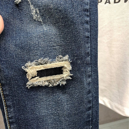 Cropped Jeans for Men Ripped Trousers Broken Korean Fashion Torn Kpop Stacked Trend 2025 Cheap Style with Holes Man Cowboy Pants.