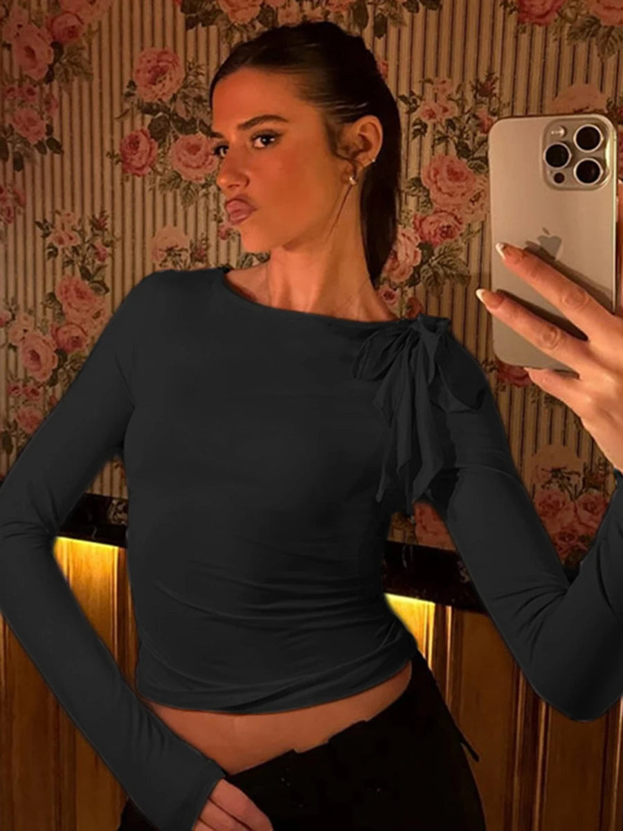 Casual Women's Fashion One-shoulder Strap Basic T-shirt Oblique Shoulder Personality Slim Hot Girl Long Sleeve.