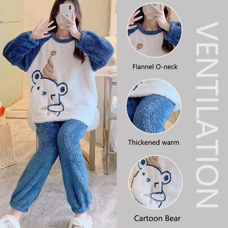 Nette Cartoon Bär Gepolsterte Zwei Sätze Von Mädchen Pyjamas Loungewear Verdickte Warme Flanell Damen Pyjamas Korallen Samt Pyjamas Winter.