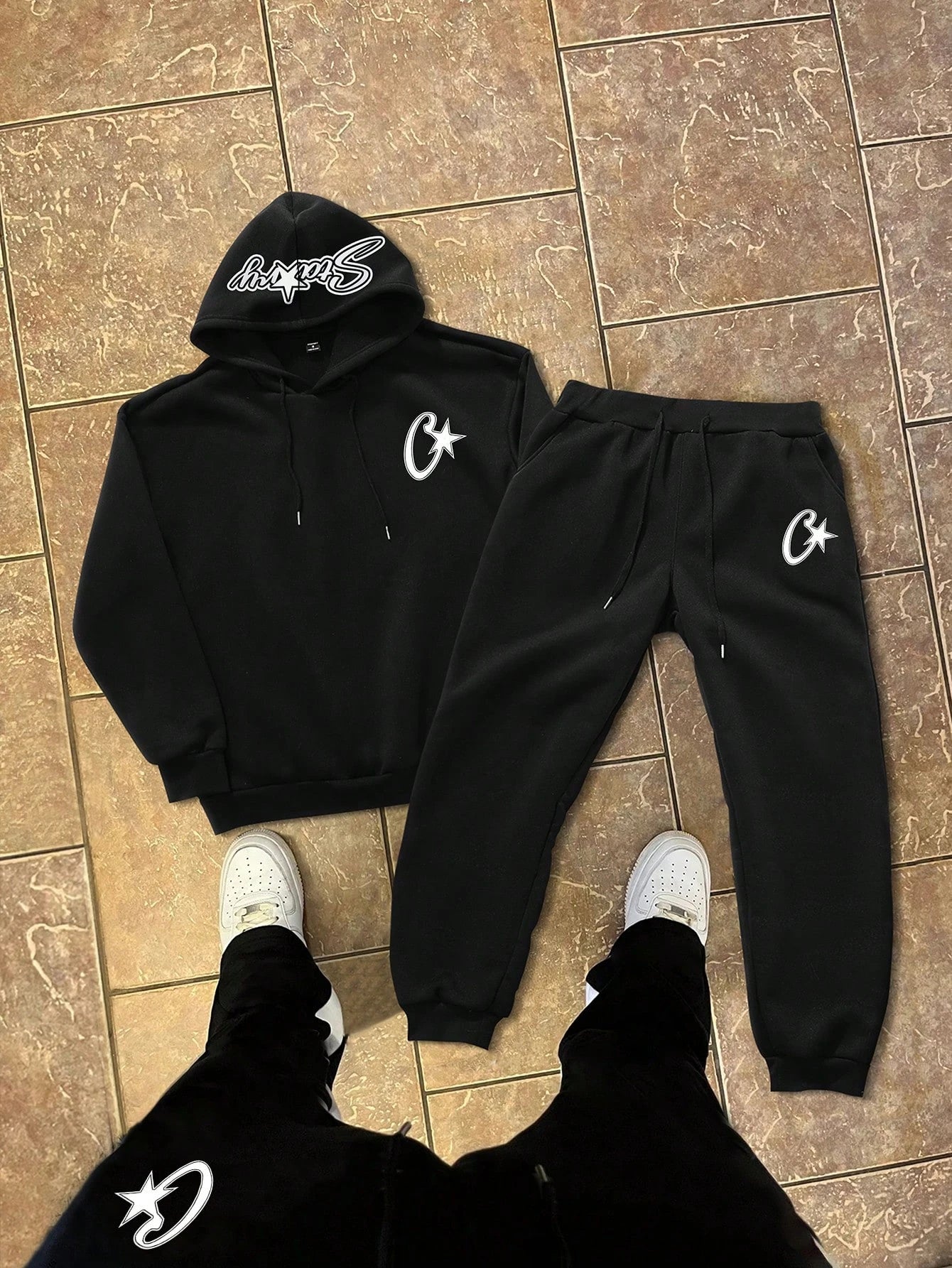 Two-piece black suit Y2K fashion pattern hoodie men clothing Harajuku Gothic women chic sports pants couple suit sportswear.