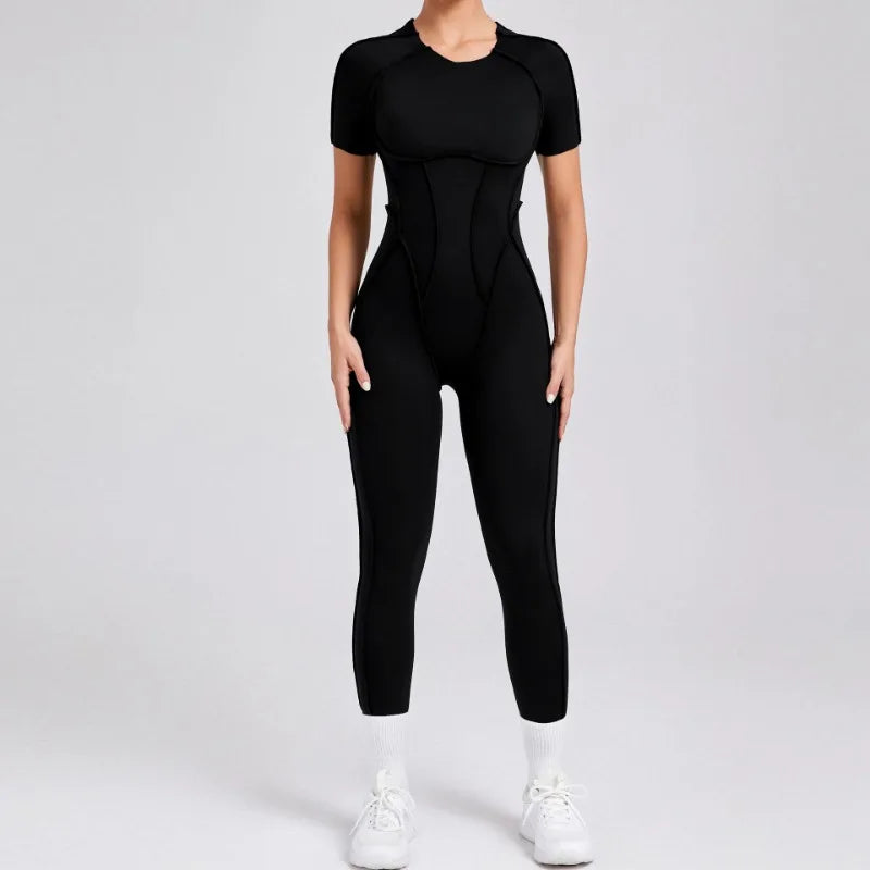 Seamless Yoga Jumpsuits Sports Fitness Hip-lifting Backless Short-sleeved One-piece Workout Gym Leggings Tracksuits for Women.