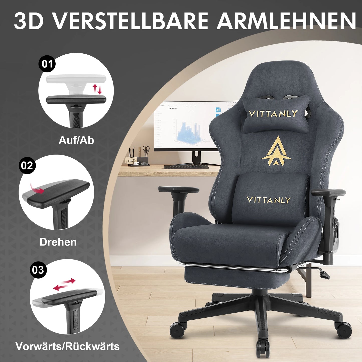 Gaming-Stuhl, luxuriöser, atmungsaktiver Bürostuhl aus Wildlederimitat, Spielstuhl, ergonomischer Gamer-Stuhl mit Fußstütze, Kopfstütze, Lendenpolster