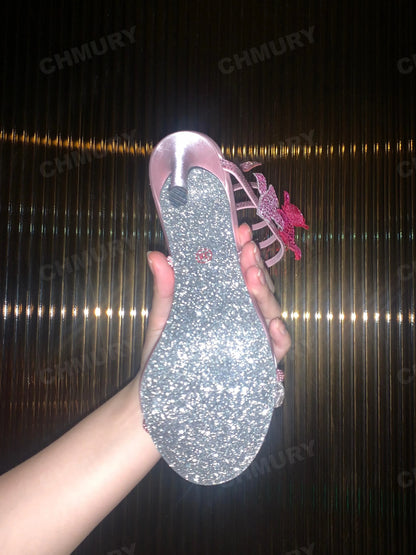 CHMURY Pink Flower Rhinestone High Heels Sandals Shoes Sexy Rose Red Luxury Designer with Wrap Strap  for Women Prom Party 2024.