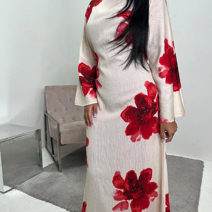 Arabesque Bell Sleeve Flowy Maxi Abaya Dress Elegant Floral Print Muslim Modest Long Dress Islamic Vacation Outfit Summer Robe.