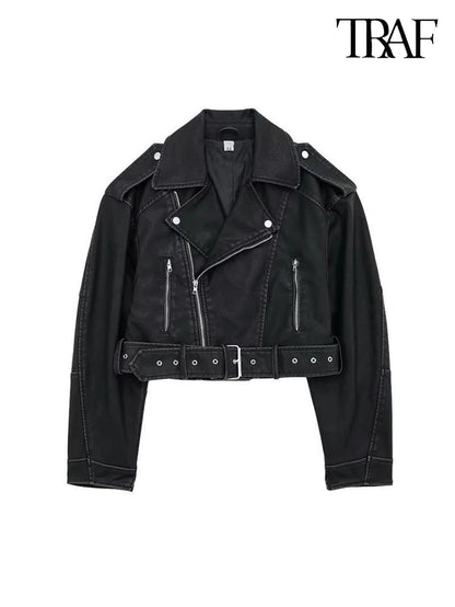 TRAF Damen Vintage lose Lederjacke Gürtel Schulter Abzeichen Zip Revers Jacke Handsome Washed Leder Motorrad Kleidung