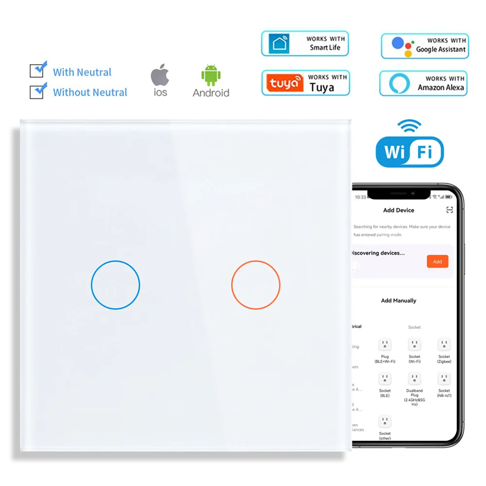 SRAN Smart Switch mit Wandsteckdose 16A EU, Tuya Smart Life Home Touch Sensor WiFi Lichtschalter Weiß