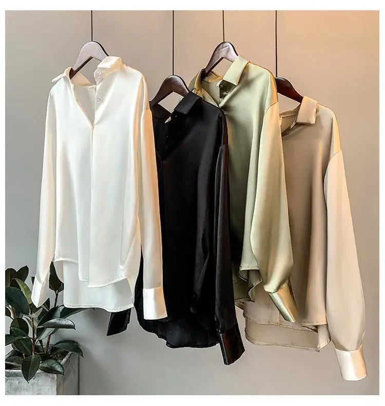 1pcs Woman Spring Autumn Satin Shirt Lady Long Sleeve Lapel Blouses Cardigans Elegance Sweet Casual Coats Girl Sunscreen Top.