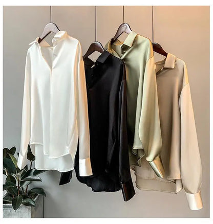 1pcs Woman Spring Autumn Satin Shirt Lady Long Sleeve Lapel Blouses Cardigans Elegance Sweet Casual Coats Girl Sunscreen Top.