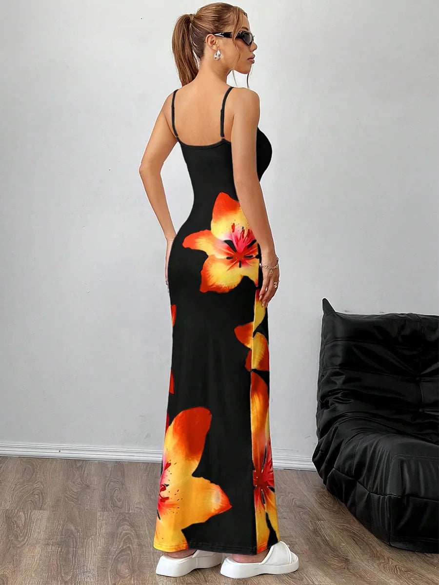 Frauen Floral Bedruckte Spaghetti Strap Slash Neck Maxi Kleid Sommer Backless Sexy Bodycon Strand Urlaub Urlaub Party Lange Dresse.