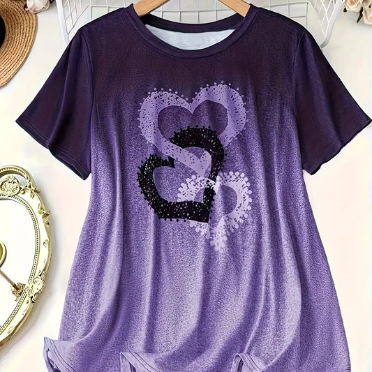 2025 Summer Women Plus Size Gradient Heart-shaped Printed Short Sleeved T-shirt Women Casual T-shirt Quick Drying Breathable.