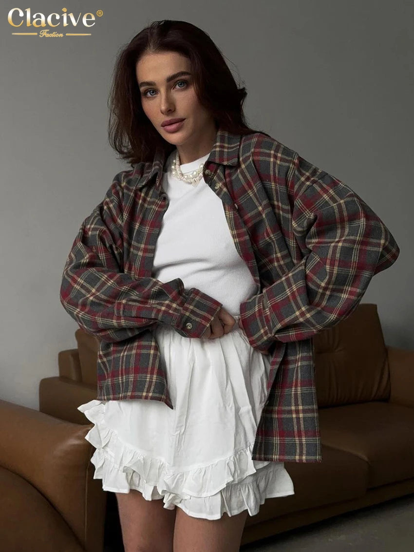 Clacive Fashion Loose Plaid Women's Shirt 2025 Vintage Lapel Long Sleeve Blouses Elegant Classic Blusas Top Female Clothing.