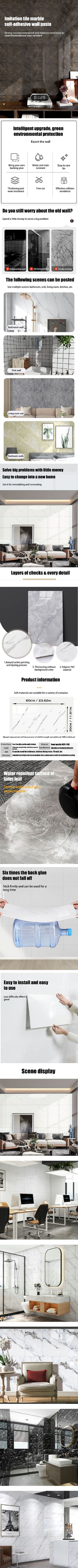 10-20pcs 30x60cm Self-Adhesive Marble PVC Floor Tiles Waterproof Peel Stick Wall Sticker Kitchen Bathroom Removable Home Decor ﻿