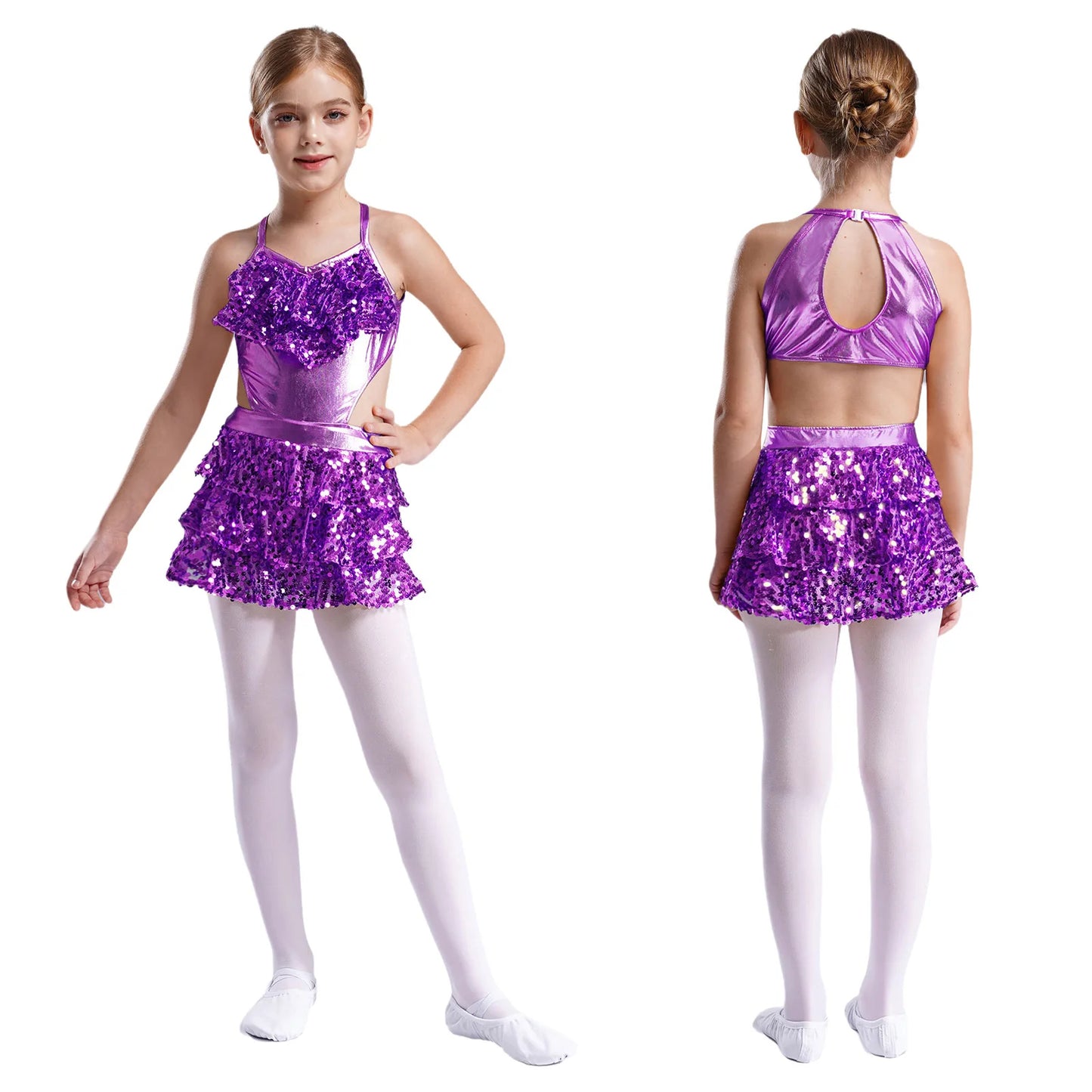 Kinder Mädchen Pailletten Jazz Ballett Tanzkleid Ärmellos Ausschnitt Tiered Rüschen Trikot Salsa Samba Rumba Skating Performance Kostüm