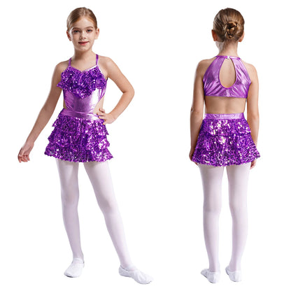 Kinder Mädchen Pailletten Jazz Ballett Tanzkleid Ärmellos Ausschnitt Tiered Rüschen Trikot Salsa Samba Rumba Skating Performance Kostüm