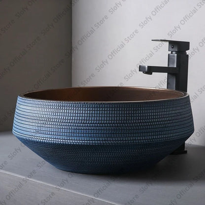Understated Luxus-Waschbecken aus Metallglasur, Keramik, blaue Muster, Hotel- und Heimwaschbecken, kreative Kunst, Balkon-Waschbecken im Freien