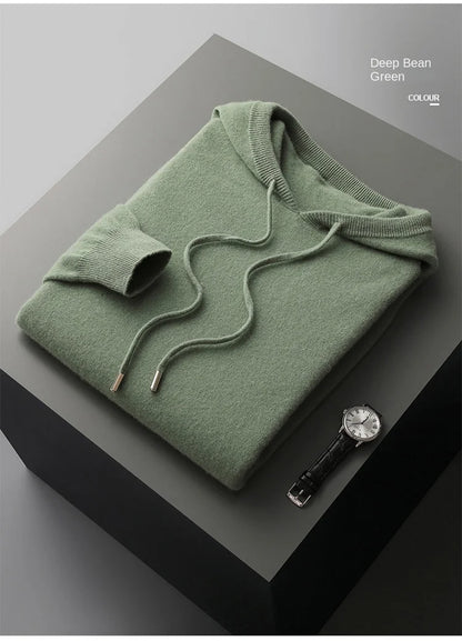 Autumn Winter New Merino Sweater Men's 100% Wool Hooded Collar Knitted Pullover Casual long Sleeved Hoodie