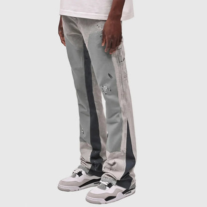 Y2k Jeans Men Painting Patch Baggy Stacked Jeans Fashion Work Wear Popular Stretch Patch Denim Stacked Flare Jeans Pants.