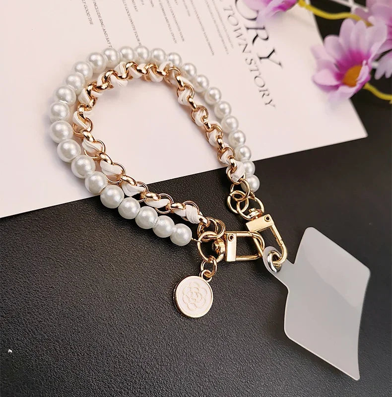 26cm Leather Pearl Camellia Mobile Phone Charm Bracelet Chain Anti-lost Universal Cell Phone Strap Rope Pendant Metal Key Chain.