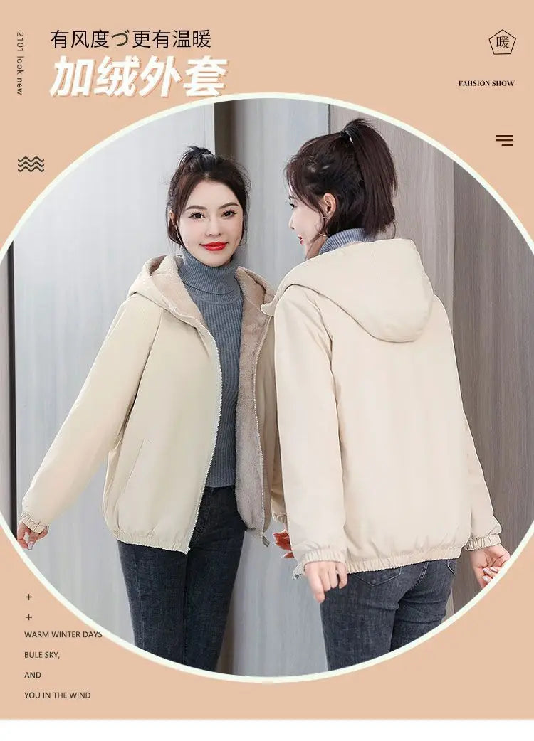 Women's Fleece Coat Winter Warm Thicken Solid Windbreaker Hooded Cotton Plush Hooded Jackets Casual Outdoor Windproof Jacket.