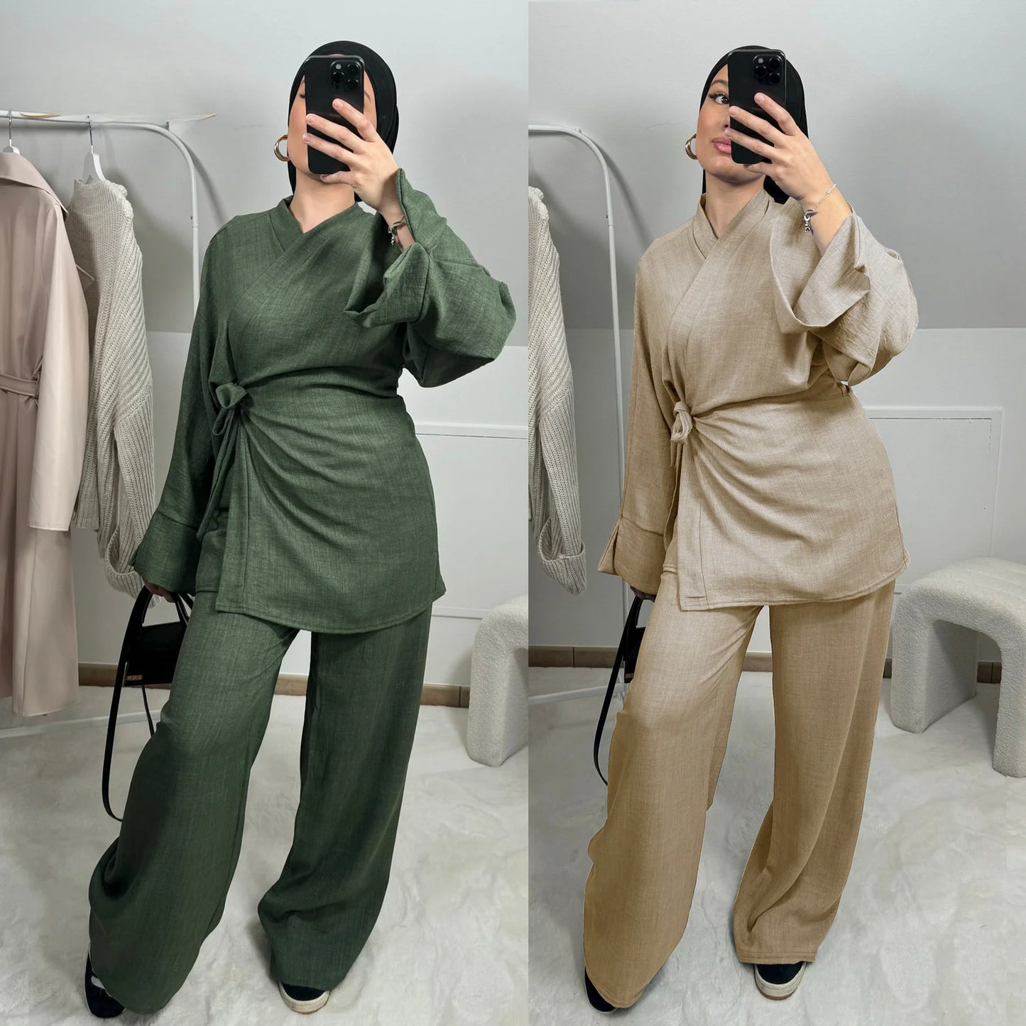 Two Piece Set Women Muslim Blouse Lace Up Wide Leg Pants Suit Eid Ramadan Morocco Dubai Islam Ensemble Arabic Modest Outfits.