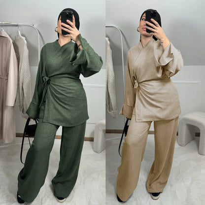 Two Piece Set Women Muslim Blouse Lace Up Wide Leg Pants Suit Eid Ramadan Morocco Dubai Islam Ensemble Arabic Modest Outfits.