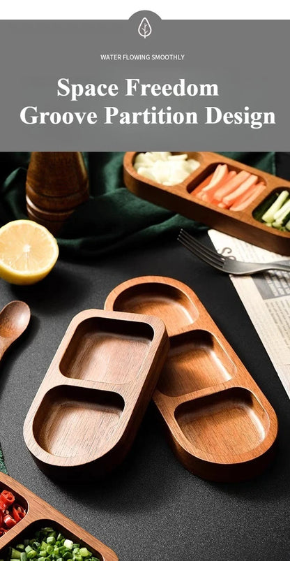 Seasoning Wood Snack Plate with Compartments 2/3/4 Grids Fruit Snacks Food Storage Trays Sauce Plate Kitchen Accessories 일본 주방용품.