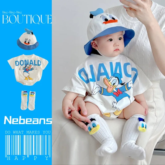 Disney Baby Mädchen Junge Overall Strampler Socke Hut Neugeborene Kleidung Set Baumwolle Cartoon Donald Duck Infant Kleinkind Body Outfit K618.