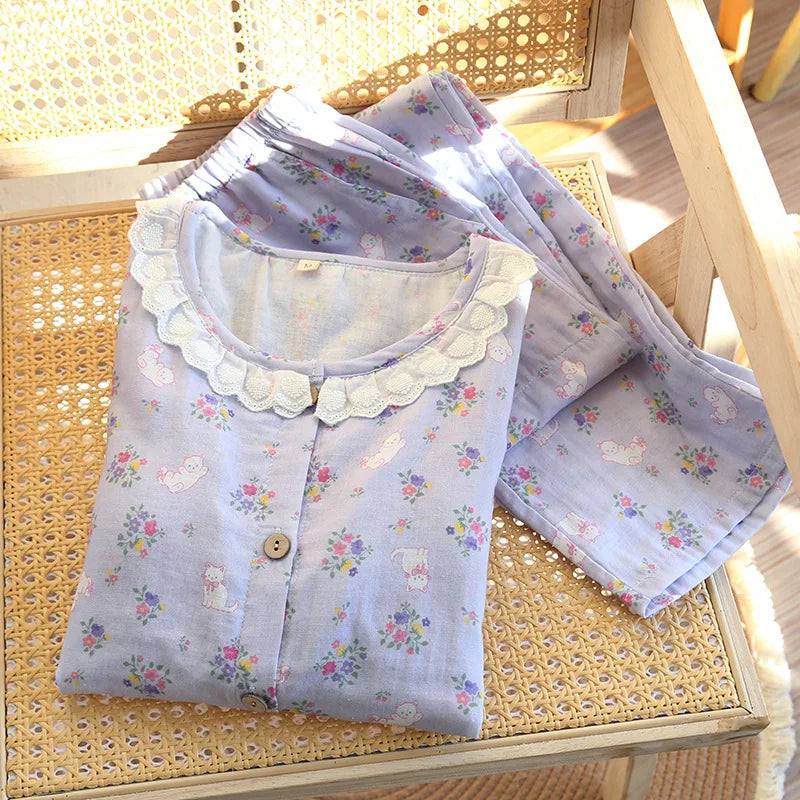 Spitzen-Design, Rundhals-Pyjama-Set aus Baumwolle, doppellagig, Gaze, für Damen, vier Jahreszeiten, dünne, langärmelige Hosen, Strickjacken, Kleidung.