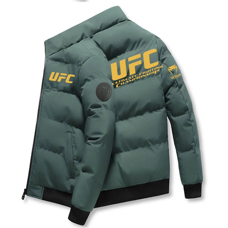 2025UFC new thick jacket, warm cotton-padded jacket, winter casual sports down jacket, stand-up collar windproof jacket.