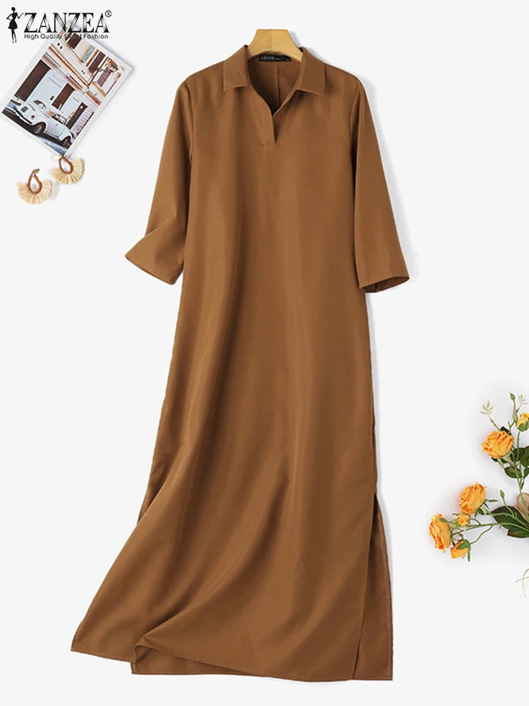 Zanzea Mode Frühling Revers Hals 3/4 Ärmel solide Kaftan Sommerkleid elegante Frauen langes Hemd Kleid Robe Femme Arbeit Party Vestido.