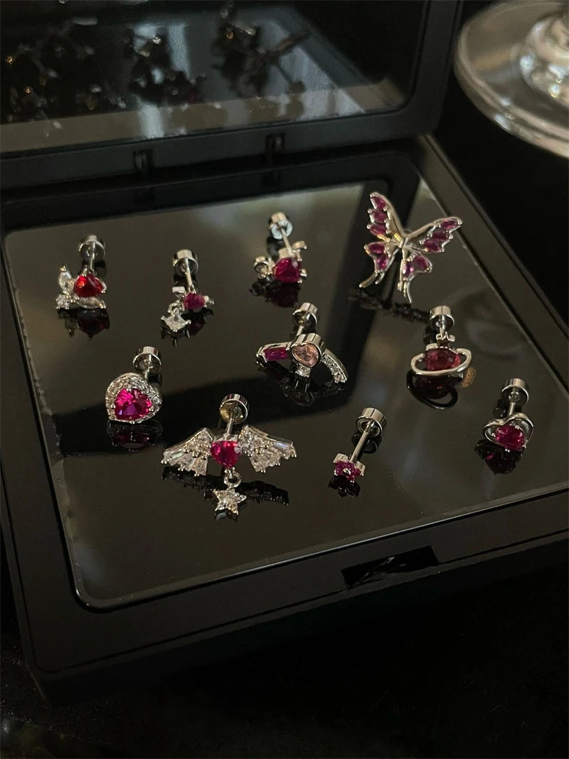 New Trendy Shiny Rose Red Color Zircon 316L Stainless Steel Ear Bone Nail Y2K Gothic Love Heart Small Earrings for Women Jewelry.