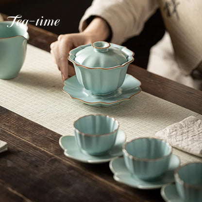155ml Imitation Song Dynasty Azure Ru Kiln Gaiwan Porcelain Bowl Tea Bowl Tea Tureen Tea Brewing Cover Bowl Chinese Tea Set Gift.