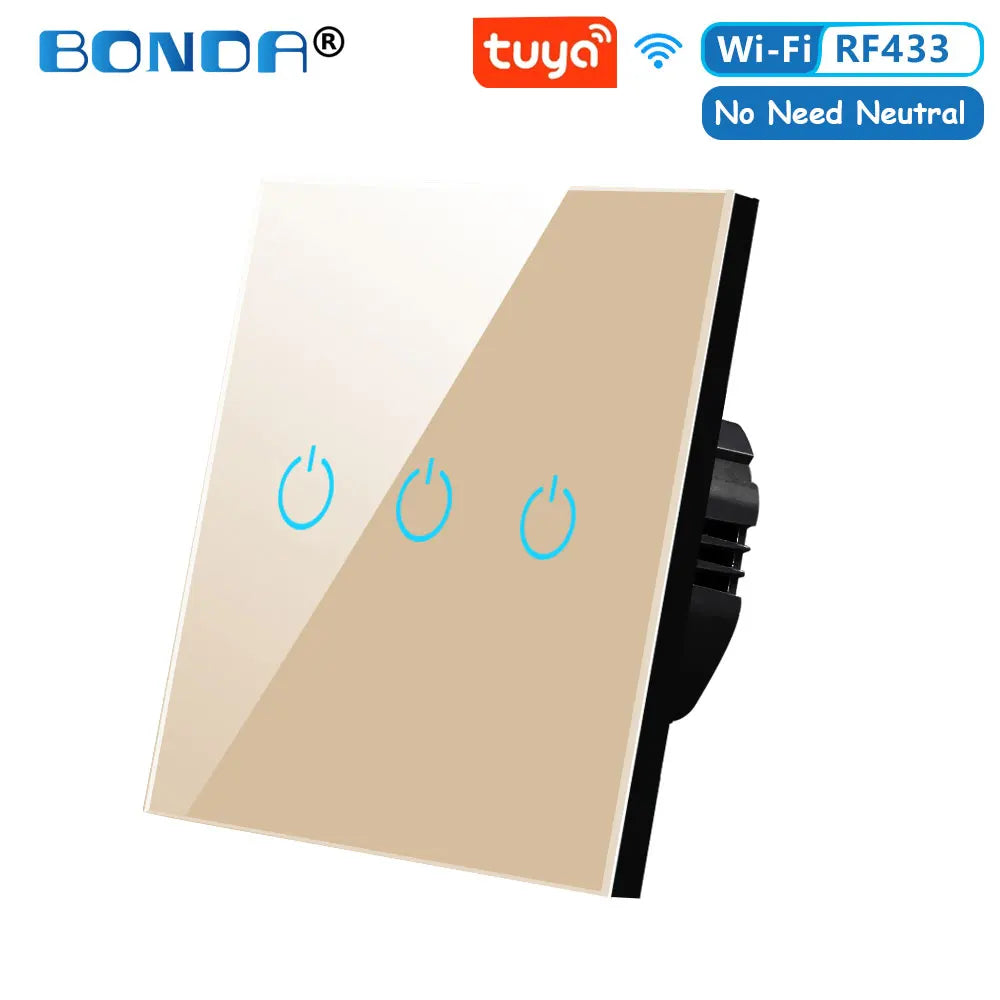 BONDA Smart Switch Alexa RF433 Keine neutrale Tuya-Steuerung funktioniert mit Google 1/2/3 Gang Smart Life Home Light WiFi Touch Switches 86