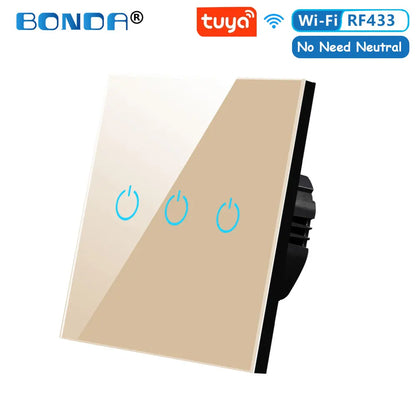 BONDA Smart Switch Alexa RF433 Keine neutrale Tuya-Steuerung funktioniert mit Google 1/2/3 Gang Smart Life Home Light WiFi Touch Switches 86