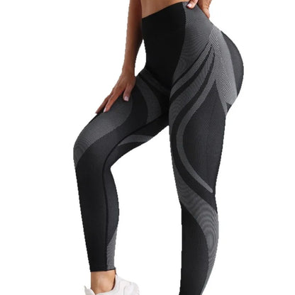 Seamless Breathable High Waisted Contrasting Yoga Pants Women Tight Fitting Hip Lifting Long Striped Sports Suit Long Leggings.