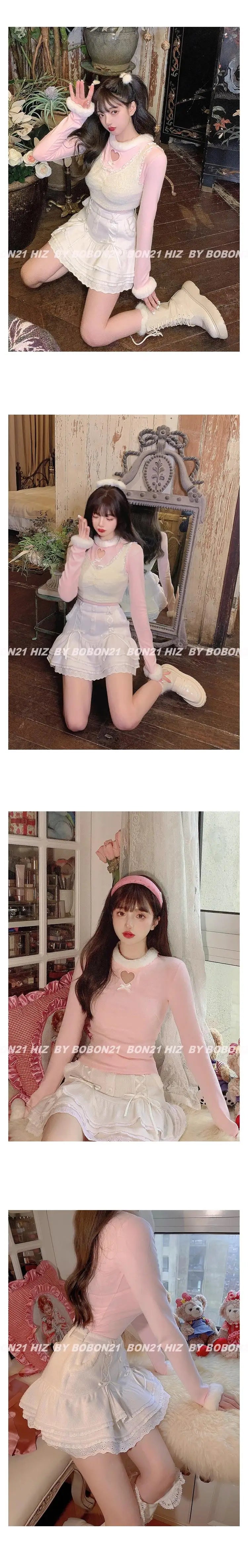 Japanese lolita kawaii clothes pink mini skirt with shorts Lace High Waist korean style women 2025 new fall White skirt fluffy.