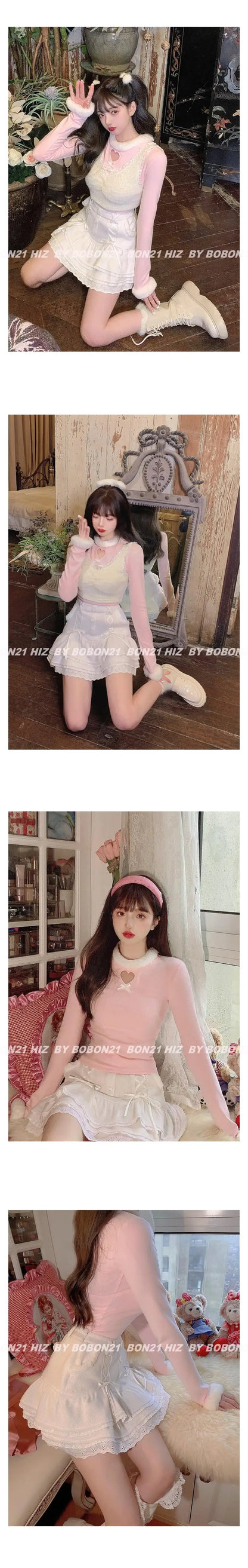 Japanese lolita kawaii clothes pink mini skirt with shorts Lace High Waist korean style women 2025 new fall White skirt fluffy.