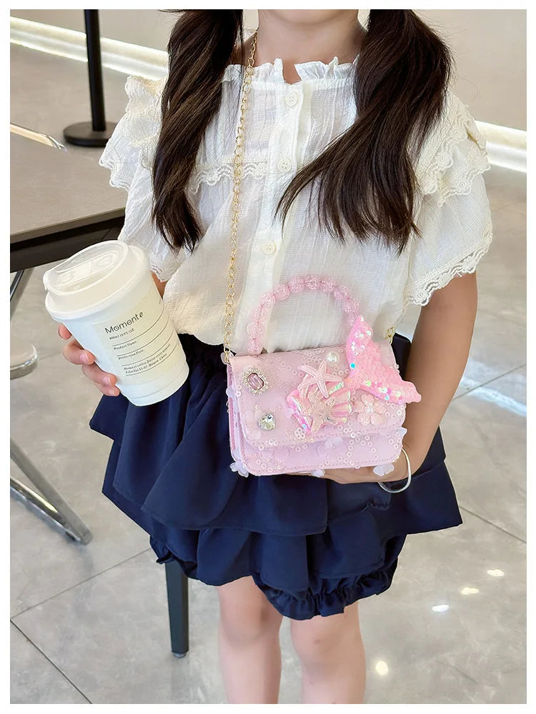 Lovely Sequin Girls Square Shoulder Bag Fish Tail Starfish Princess Crossbody Bags Bead Handle Children's Small Handbags Purse
