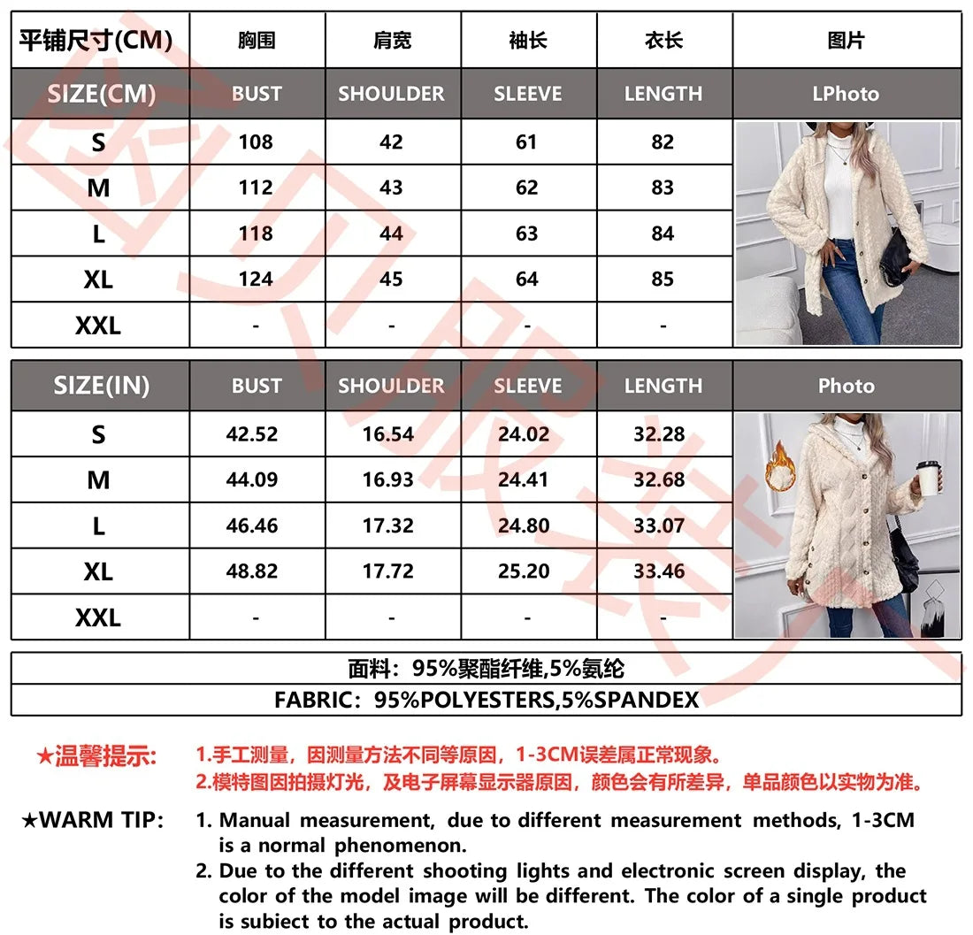Women Cardigan Hoodie Jacket Autumn Winter Argyle Textured Pattern Hooded Irregular Hem Buttons Fleece Oversized Outerwear Coat